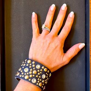 Navy and sequin snap close leather wrist bracelet